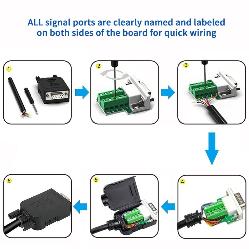 DaFuRui DB9 Male Connectorï¼Œ4Pack DB9 Breakout Connector Solderless RS232 D-SUB DB 9 Male Screw Terminal Block with Case Long Bolts Tail Pipe - Image 5